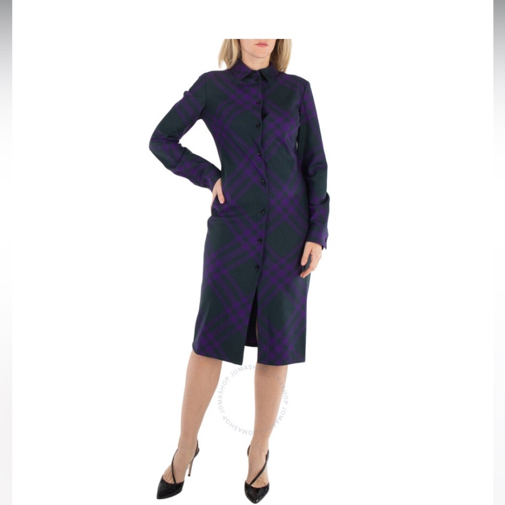 BURBERRY Long Sleeved Checked Wool Shirt Dress